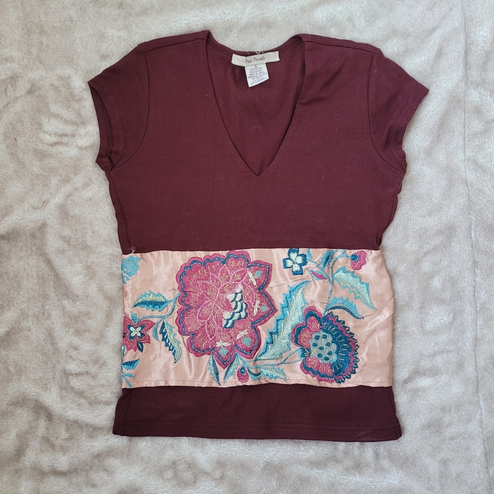 Free People Burgundy Top with Pink and Blue Floral Embroidery